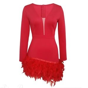Elegant Red Feather Mini Dress